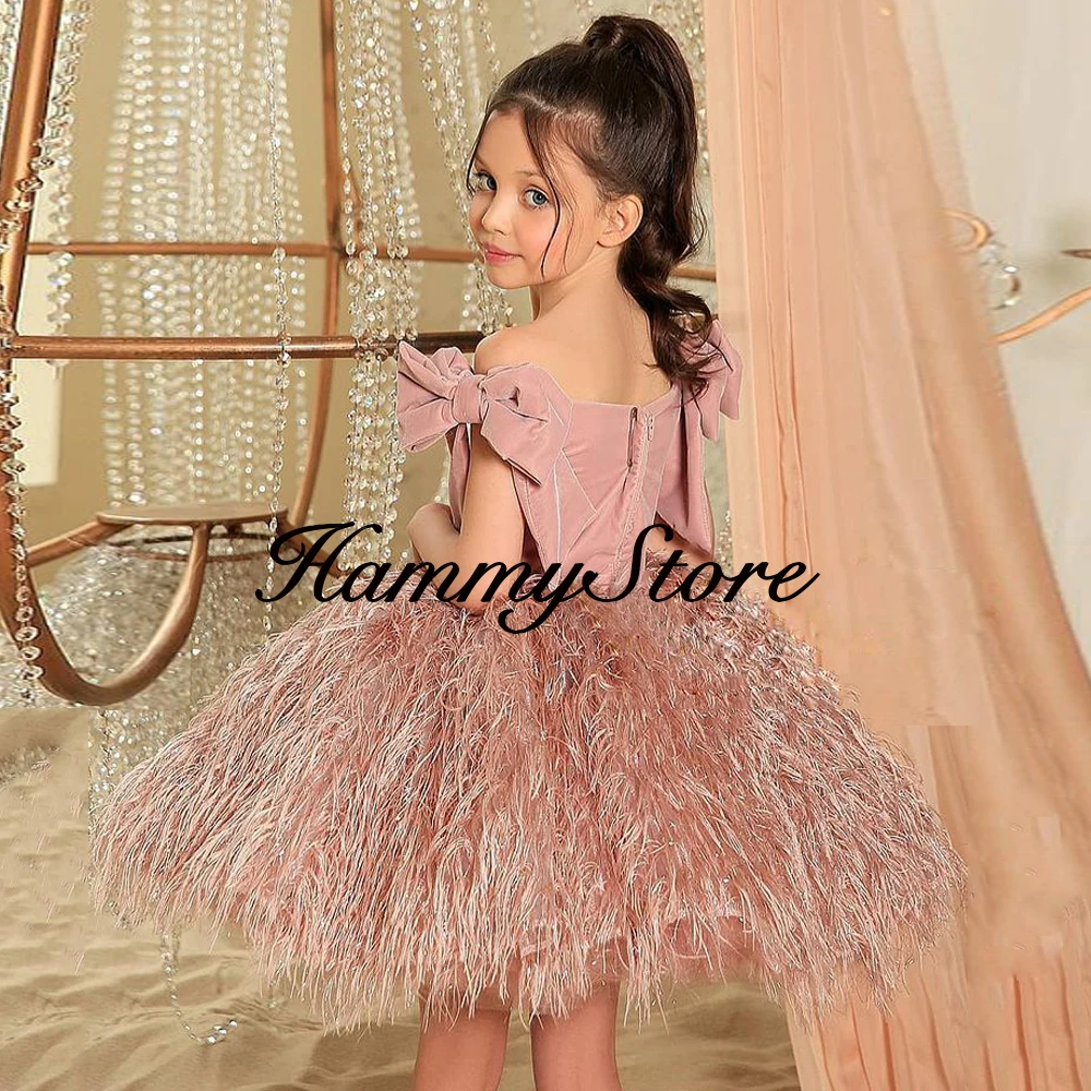 Top Trends: Cute Baby Girl First Communion Dresses Dusty Pink Off The Shoulder Big Bow Top Velvet Feathers Ball Gown Flower Dress Shoppable Styles - Image 3