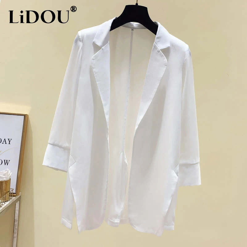 Top Trends: 2023 Summer New Solid Color Tailored Collar Three Quarter Chiffon Blazers Women Elegant Casual Loose Office All-match Cardigan Shoppable Styles