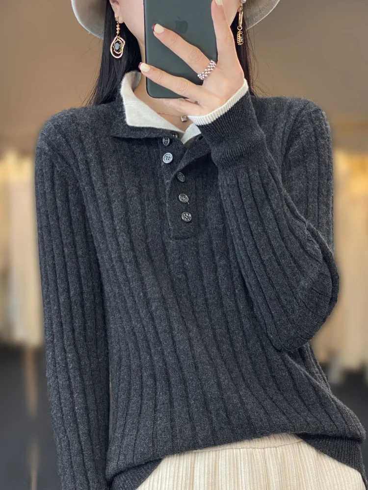 Top Trends: High Quality Women Autumn Winter Casual Turn-down Collar Pullover Sweater 100% Merino Wool Thickened Warm Cashmere Knitwear Top Shoppable Styles