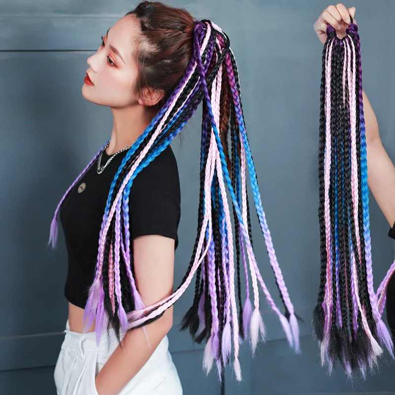 Top Trends: 60cm Hair Color Gradient Dirty Braided Ponytail 12Pcs / Pack Colorful Elastic Hair Band Rubber Band Hair Accessories Wig Headband Shoppable Styles