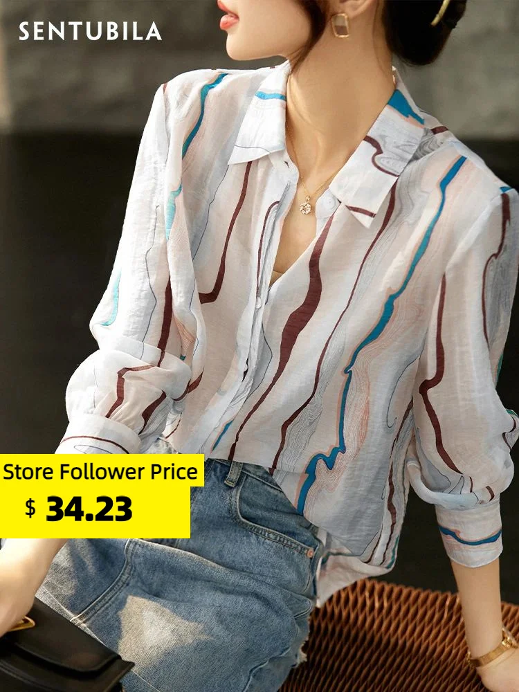 Top Trends: Sentubila Thin Printed Blouses Office Lady Chiffon Shirts Turn-down Collar Long Sleeve Single Breasted Womens Tops And Blouses Shoppable Styles