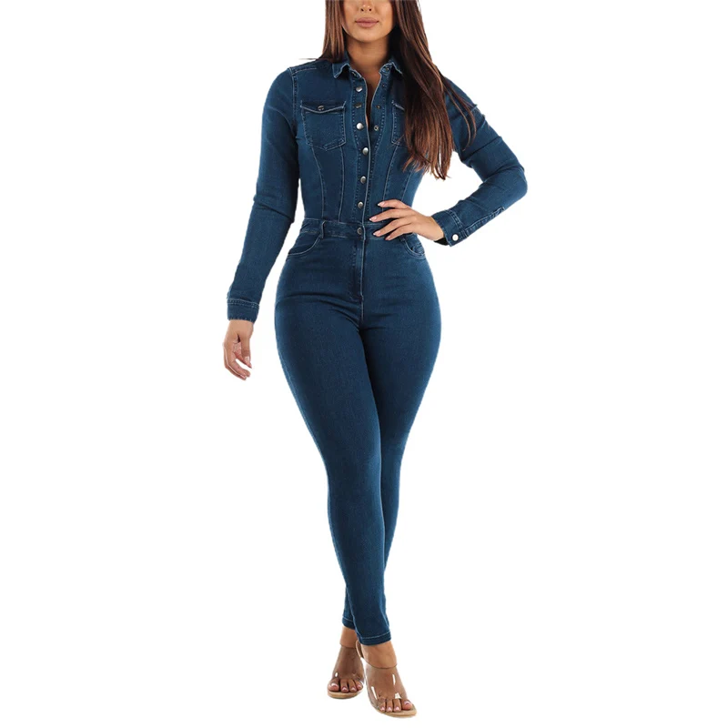 Top Trends: Autumn Winter Lapel Multiple Pocket Button Half-open Denim Jumpsuit Women's Slim Fit Stretch Pencil Jeans Female Casual Rompers Shoppable Styles