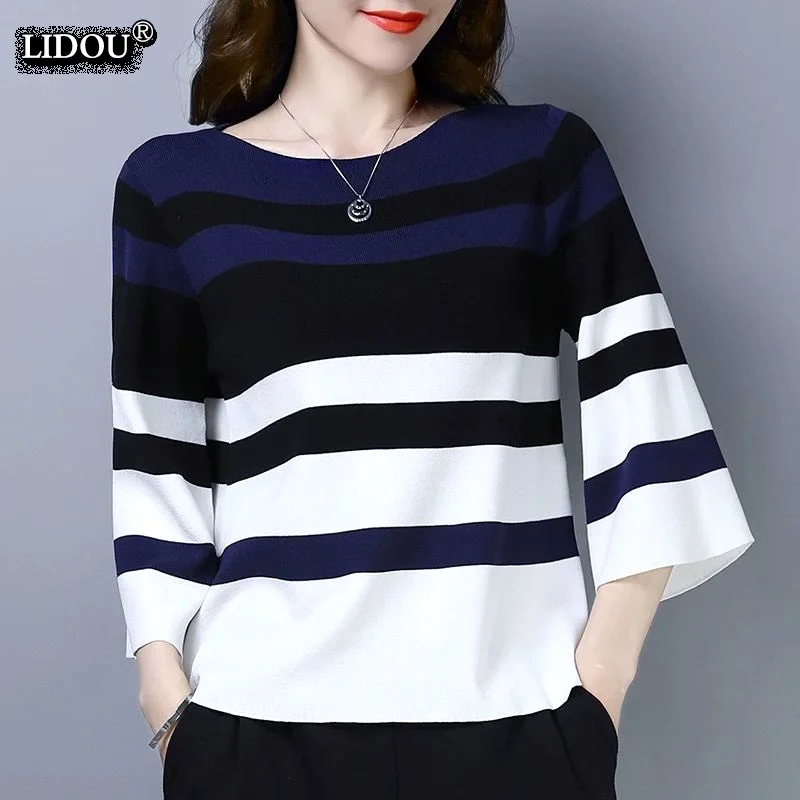 Top Trends: Fashion Casual O-neck Three Quarter Striped Trend All-match Korean Loose T-shirts Summer New Comfortable Women's Clothing 2022 Shoppable Styles