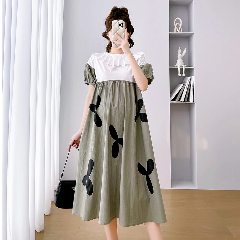 Top Trends: Fashion Block Color Patchwork Pleated Peter Pan Collar Maternity A-Line Dress Puff Sleeve High Waist Pregnant Woman Female Dress Shoppable Styles