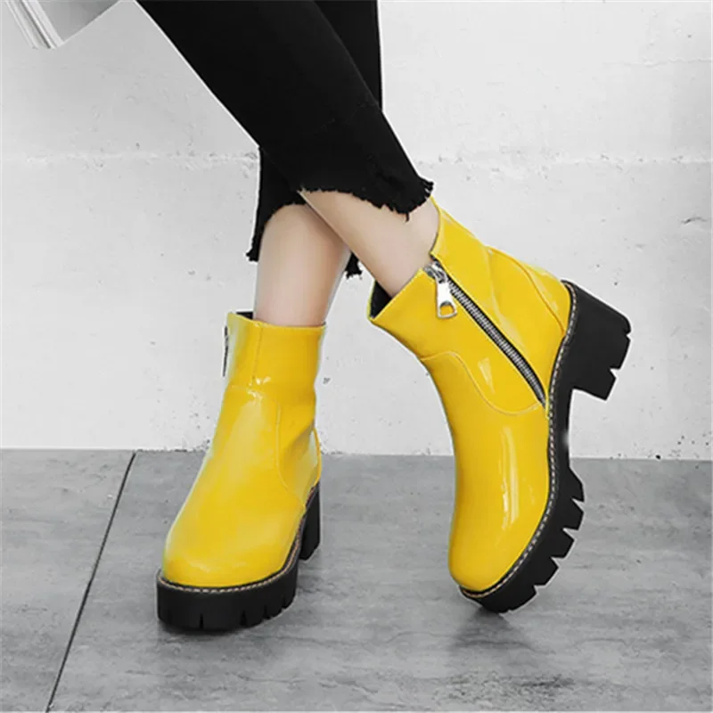 Top Trends: Punk Platform Мартин Сапоги Fashion Purple Yellow Black Patent Leather Ankle Boots 5.5cm Mid Heels Women&#039;s Shoes 32-43-2024 Shoppable Styles