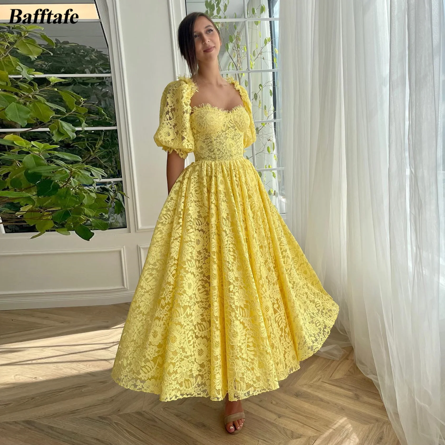 Top Trends: Bafftafe Delicate Yellow Lace Women Prom Dresses Half Sleeves A Line Ankle Length Midi Formal Evening Gowns Wedding Party Dress Shoppable Styles