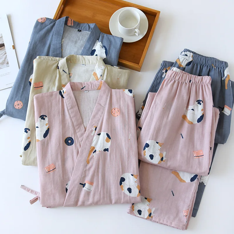 Top Trends: New Japanese-style Kimono Two-piece Couple Pajamas Cover Men And Women Pure Cotton Gauze Cute Kitten Thin Home Service Plus Size Shoppable Styles