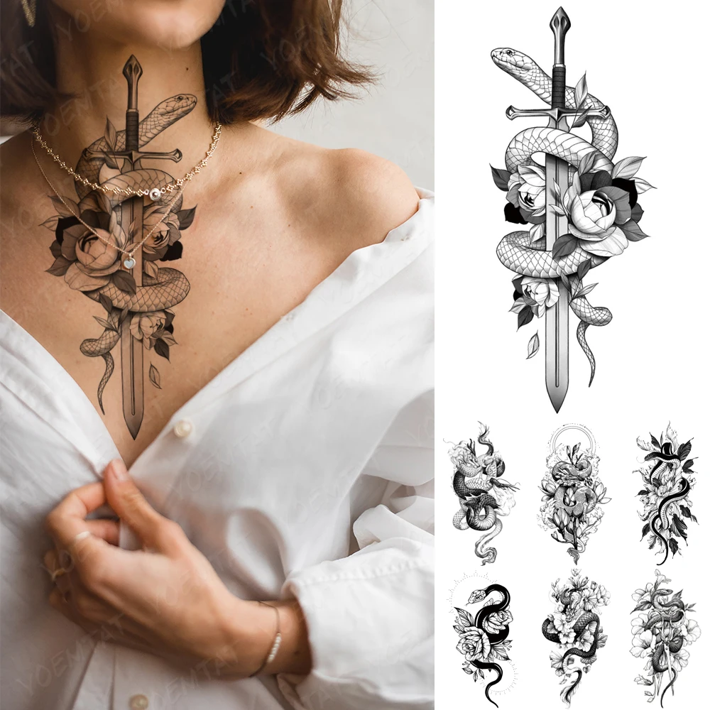 Top Trends: Waterproof Temporary Tattoo Sticker Black Snake Dragon Totem Flash Tatto Sword Rose Arm Neck Body Art Fake Tattoos For Women Men Shoppable Styles