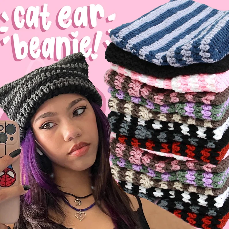 Top Trends: Cute Cat Ears Beanie Hats For Women Winter Striped Korean Punk Gothic Y2K Wool Knitted Streetwear Christmas Crochet Bucket Cap Shoppable Styles