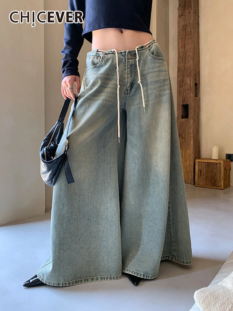 Top Trends: CHICEVER Patchwork Drawstring Chic Denim Pants For Women High Waist Minimalist Vintage Wide Leg Trousers Female Autumn Clothing Shoppable Styles