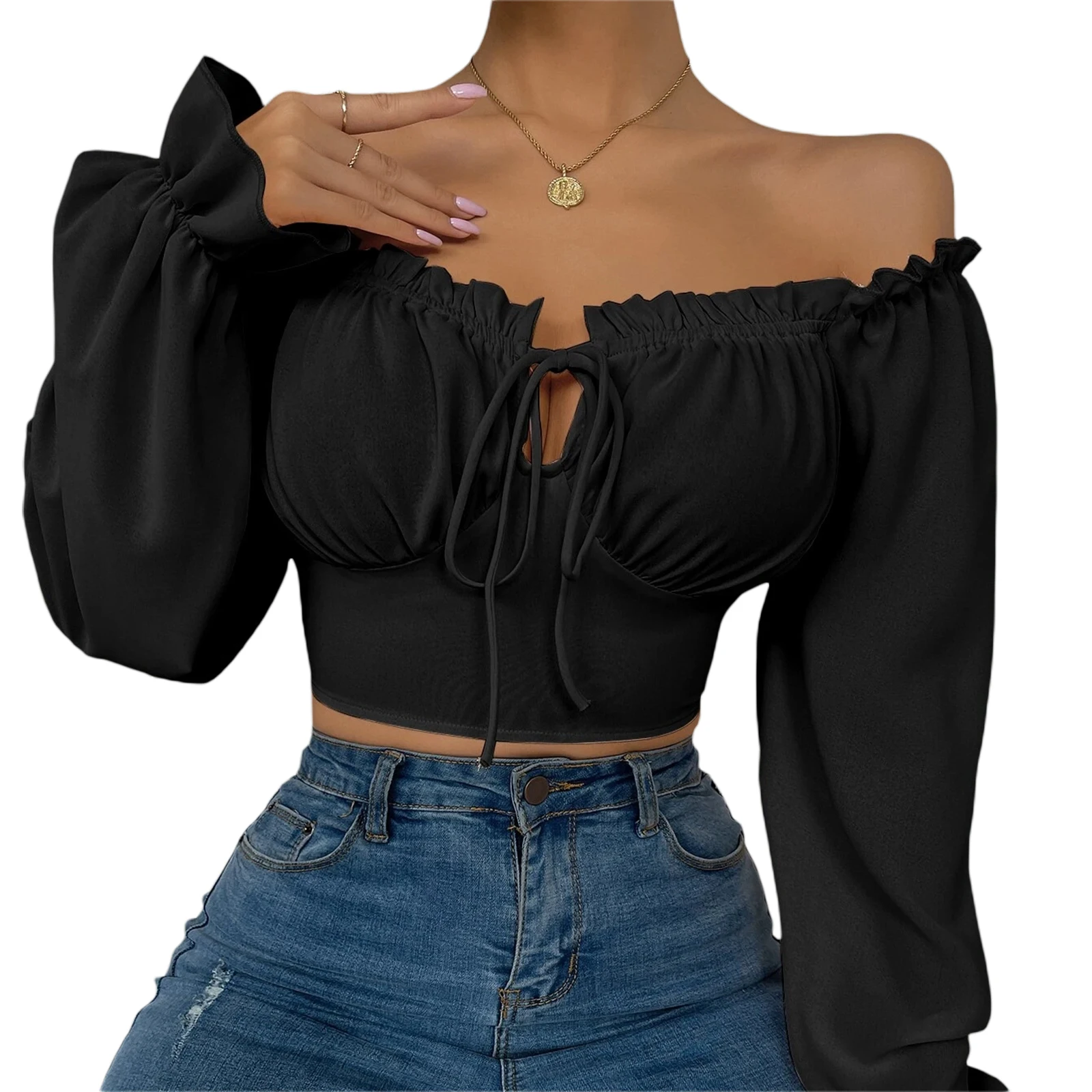 Top Trends: Women Fashion Elegant Blouse Shirt Ladies Long Sleeve Ruffled Drawstring Casual Spring Summer Crop Tops Shoppable Styles - Image 4