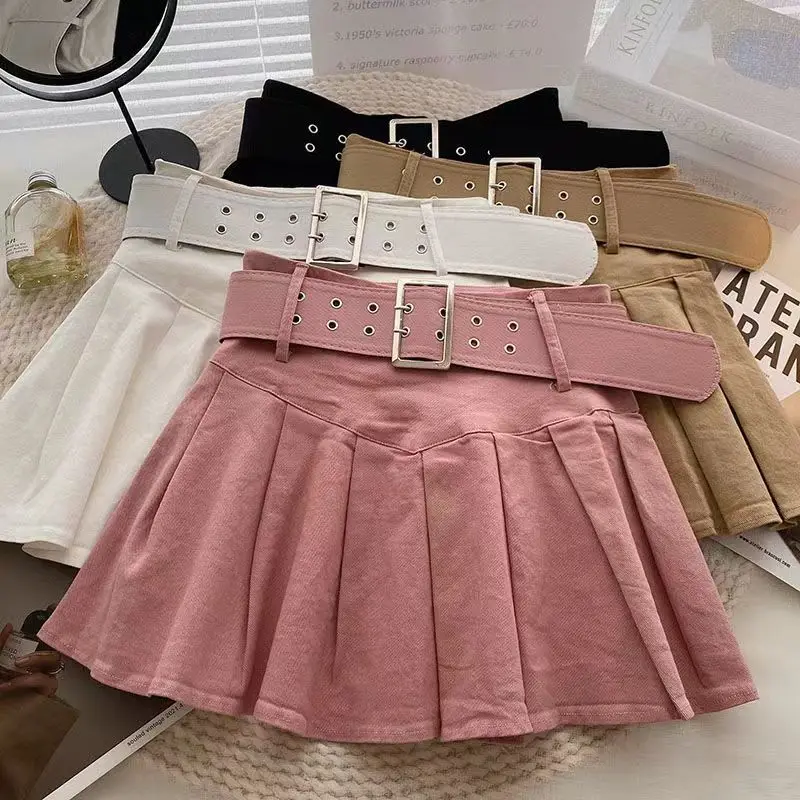 Top Trends: High Waist Pleated Half Skirt Female Spring New Pink Versatile Slim Fitting College Style Korean Short Skirt With Belt Shoppable Styles