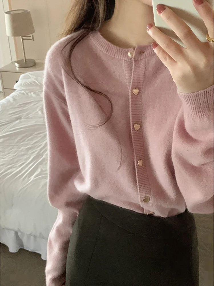 Top Trends: Pink Knitted Cardigan Women&#039;s 2023 Autumn New Elegant Temperament Soft Glutinous Sweater Loose Short Round Neck Thin Coat Shoppable Styles