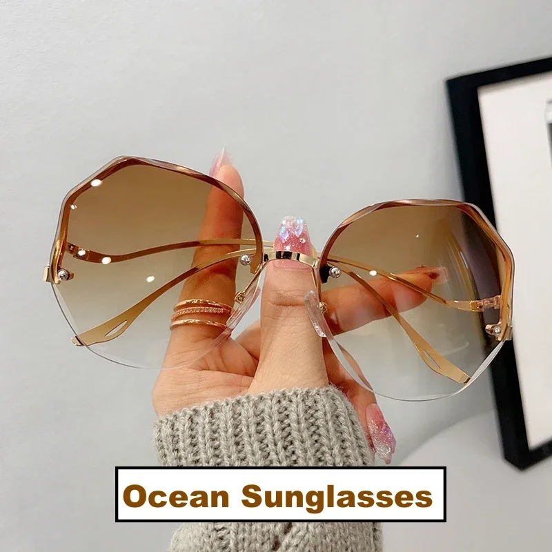 Top Trends: Ladies Trendy Oval Gradient Sunglasses Ocean Lens Rimless Sun Glasses Metal Curved Temples UV400 Shades Eyewear Oculos De Sol Shoppable Styles