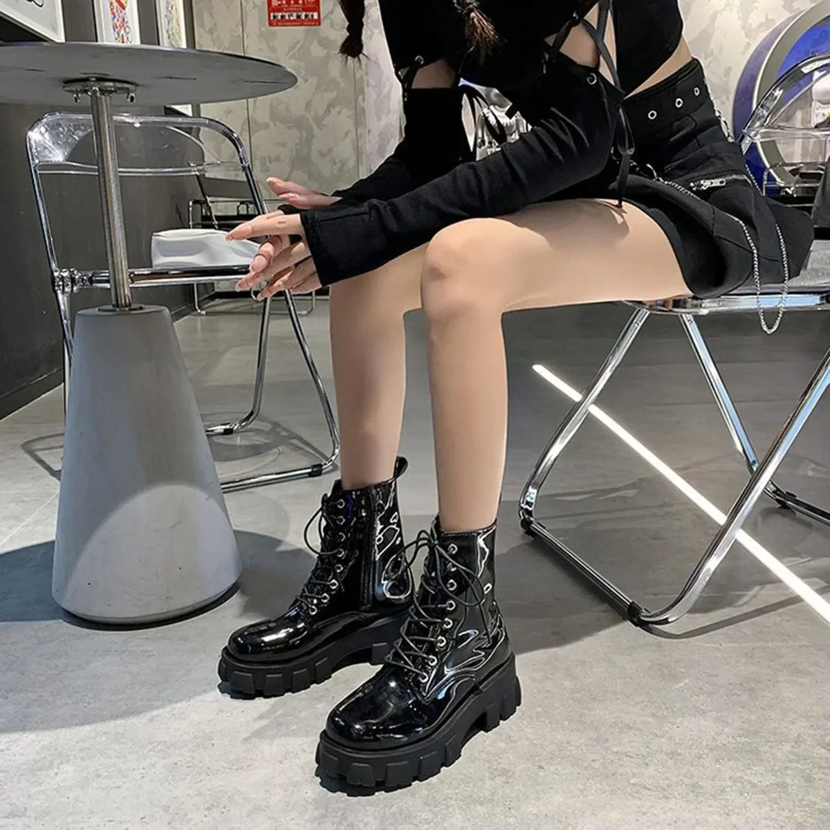 Top Trends: Women's Ankle Boots Autumn 2024 Fashion PU Leather Pearl Chain Platform Black Booties Punk British Style Casual Shoes For Ladies Shoppable Styles - Image 3