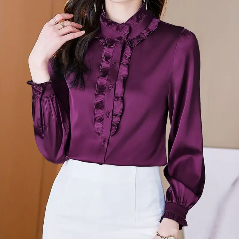 Top Trends: Female Solid Color Stand Collar Ruffles Blouse Spring Autumn Commute Edible Tree Fungus Stylish Single-breasted Silk Folds Shirt Shoppable Styles