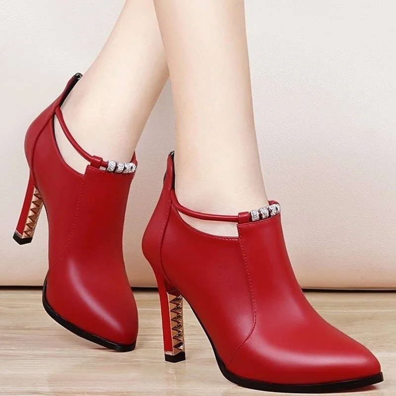 Top Trends: Botas Mujer2019new Winter Boots Women Shallow Round Toe Red Women&#039;s Boots Thin Heels Zip Ankle Boots Pu Leather Zapatos De Mujer Shoppable Styles