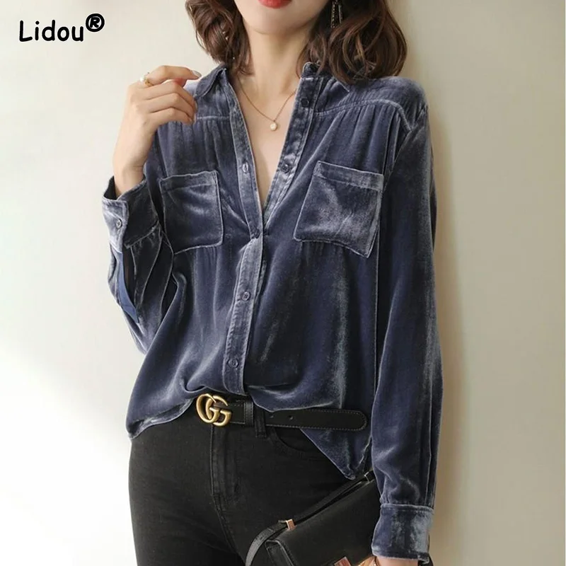 Top Trends: Solid Blouses Temperament Office Lady Fashionable Pockets Button Turn-down Collar Lightly Cooked Autumn Winter Women&#039;s Clothing Shoppable Styles