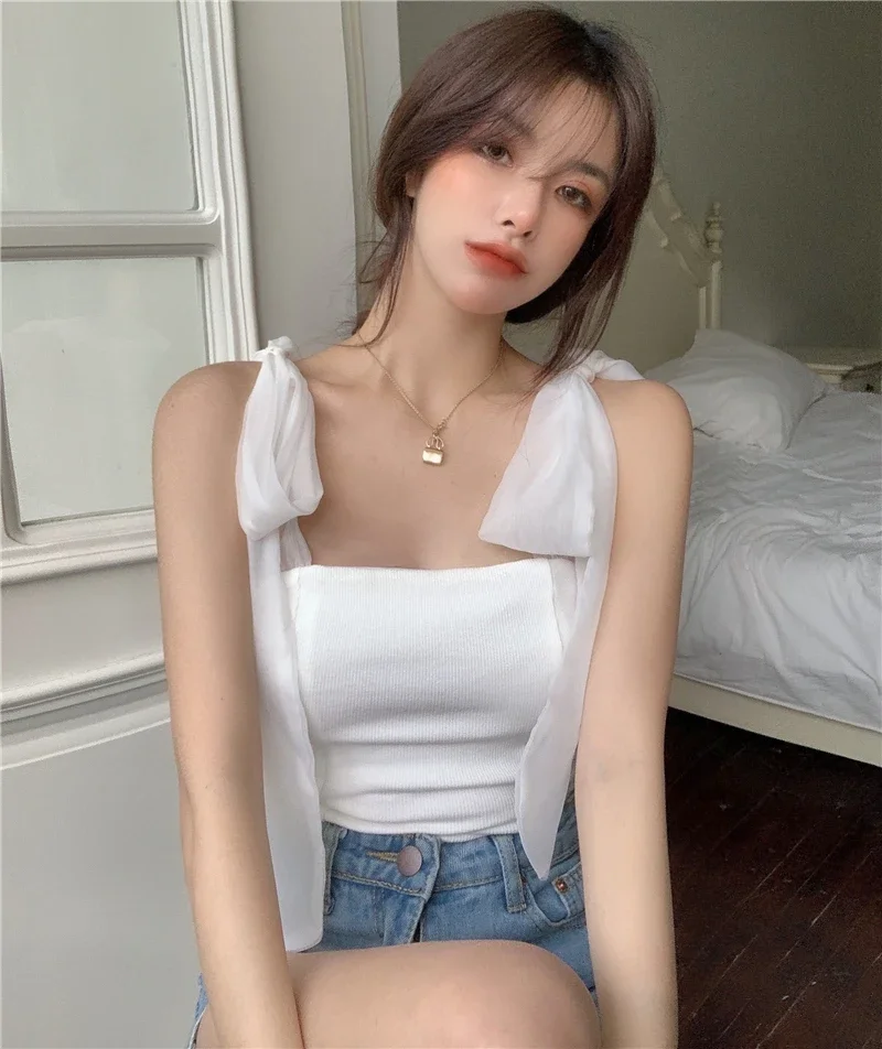 Top Trends: Sweet Girly Pink Camis Detachable Sleeve Bow Knitted Tank Tops Women Summer Fashion White Cropped Tops Shoppable Styles - Image 4