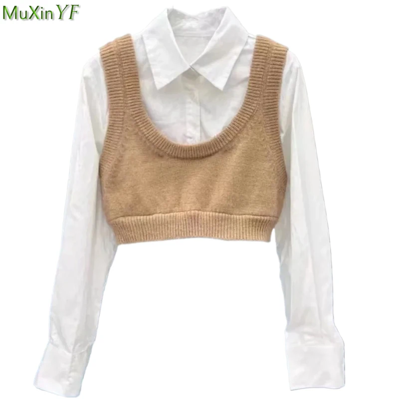 Top Trends: 2023 Spring Autumn Women Preppy White Shirt Knit Vest 2 Piece Set Korean Lady Graceful Short Blouse Sleeveless Sweater Tops Shoppable Styles