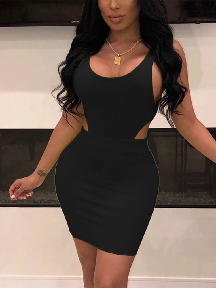 Top Trends: Sexy Candy Color U Neck Waist Cut Out Slim Bodycon Dress Women Sleeveless Skinny Mini Dress Elegant Club Party Vestidos Shoppable Styles