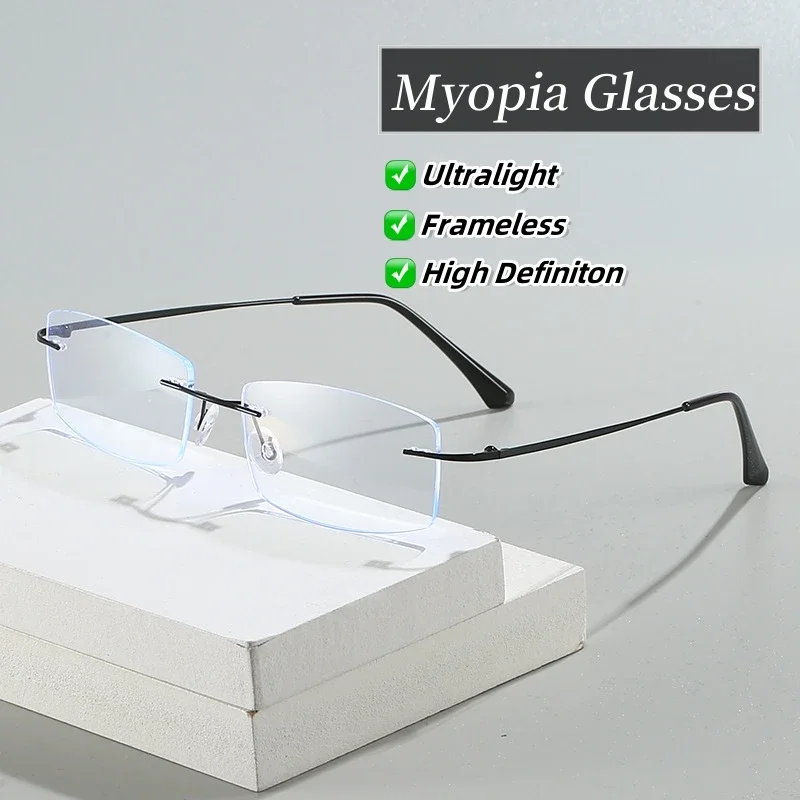 Top Trends: Fashion HD Lens Minus Diopter Eyeglasses For Men Women Retro Square Rimless Myopia Glasses Finished Optical Prescription Eyewear Shoppable Styles