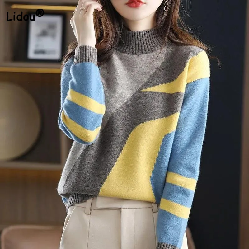 Top Trends: Fashion Elegant Patchwork Sweaters Women's Clothing Autumn Winter Female Korean Half High Collar Long Sleeve Knitted Pullovers Shoppable Styles