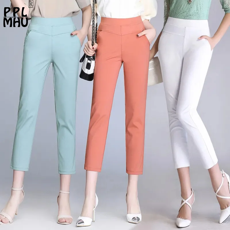 Top Trends: Candy Color Stretch Pencil Pants Women Summer Thin High Waist Skinny Pantalones Casual Straight Capris 80-84cm Basic Trousers Shoppable Styles