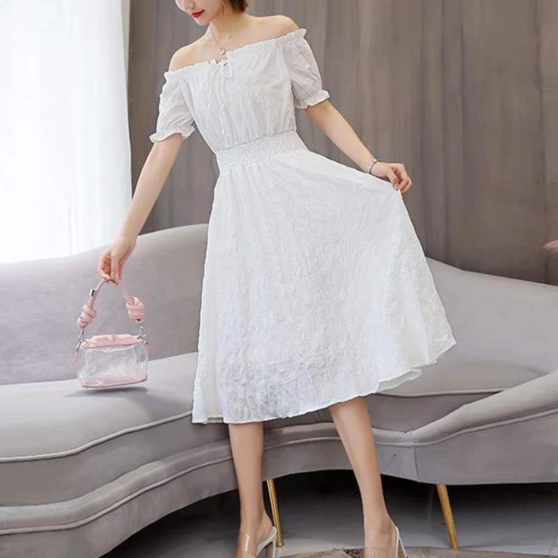 Top Trends: Summer New Solid Color Folds Lace Up Chiffon Dress Ladies One Word Collar Casual Fashion Waist Midi A-line Robe Femme Vestidos Shoppable Styles - Image 5