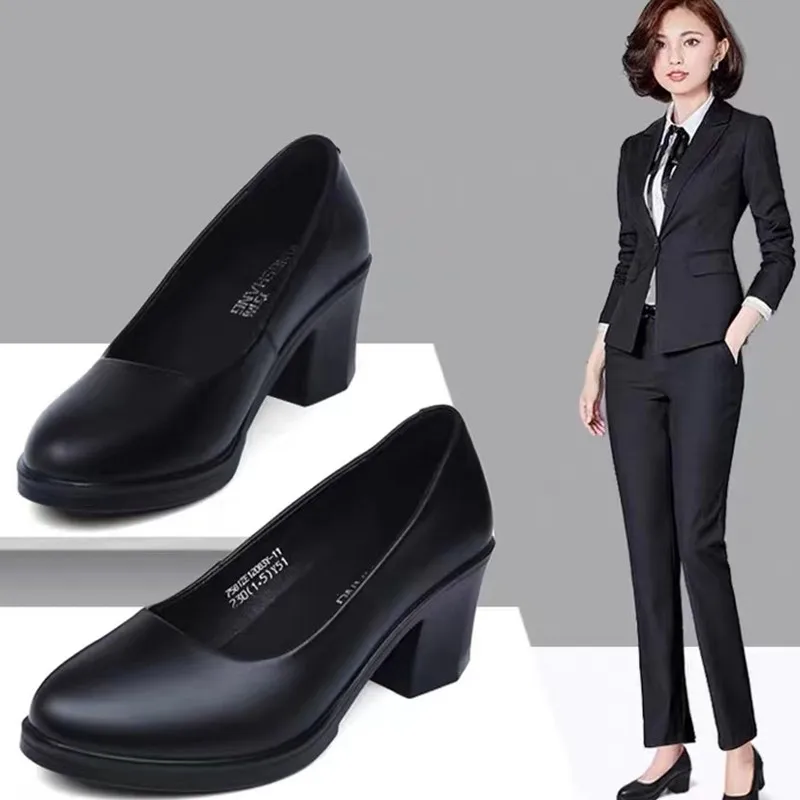 Top Trends: Hide Leather Ol Black Shoes Women Slip On Pumps Low Heel 2022 Autumn New Pointed Toe Office Lady Pumps Platform Shoes Woman Shoppable Styles