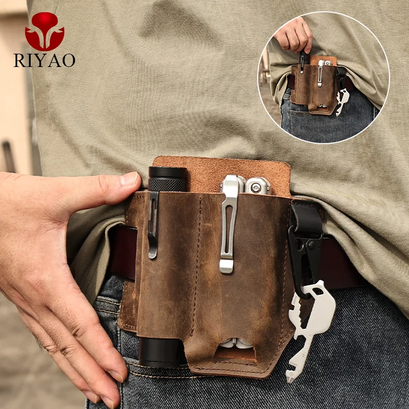 Top Trends: RIYAO Multitool Plier Genuine Leather Sheath Vintage EDC Waist Belt Pouch Outdoor Tool Folding Knife Flashlight Holder KeyChain Shoppable Styles