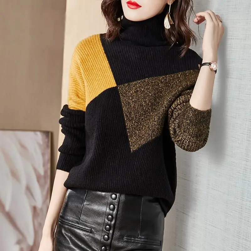 Top Trends: Autumn Winter Women Simple Turtleneck Sweater Color Block Fashion Loose Versatile Long Sleeve Knit Bottoming Casual Pullover Top Shoppable Styles