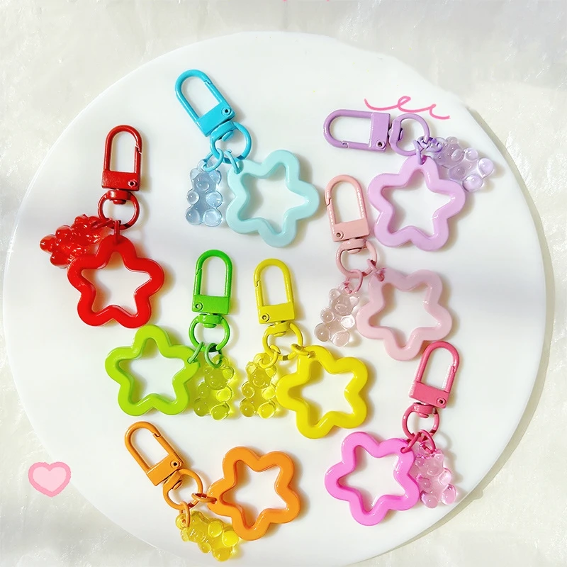 Top Trends: 10pcs Metal Keyrings Buckle With Stars Bear Pendant Colored Keychain For Diy Jewelry Making Key Ring Accessories Wholesale Shoppable Styles