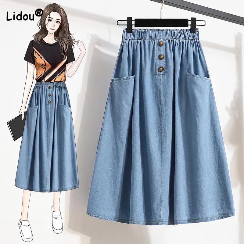 Top Trends: Fashion All-match Button Spliced Denim Skirt Women&#039;s Clothing Casual Pockets A-Line Korean Elastic High Waist Skirt For Female Shoppable Styles