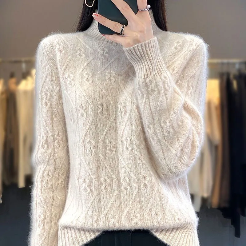 Top Trends: New Autumn And Winter Fashion Korean Solid Fried Dough Twists Half High Collar Thickened Loose Versatile Western Women&#039;s Sweater Shoppable Styles