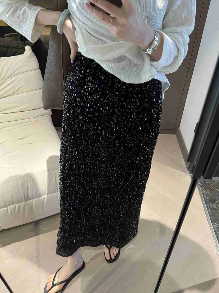 Top Trends: HOUZHOU Long Sequin Skirt Women Autumn Korean Elastic Waist Elegant Back Split Slim A-line Skirt With Paillettes Evening Party Shoppable Styles