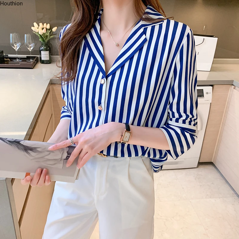 Top Trends: Chiffon Slim Women's Blouses New Casual Blouse Fashion Three Quarter Top Stripe Buttons Polo Shirt Summer YCMYUNYAN Shoppable Styles