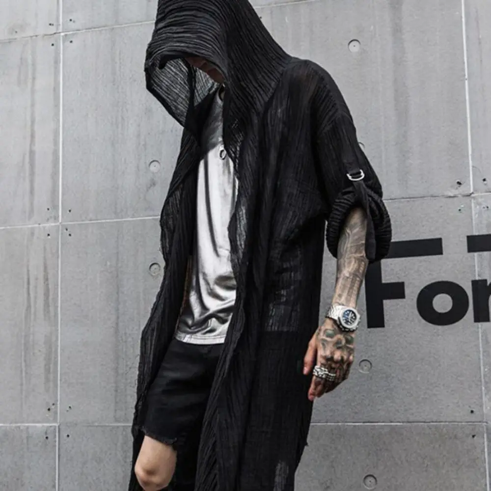 Top Trends: Nightclub DJ Singer Punk Rock Hip Hop Long Shirt Black Hooded Cloak Cardigan Men Pleated Woven Cotton Blouse Gothic Vintage Shoppable Styles