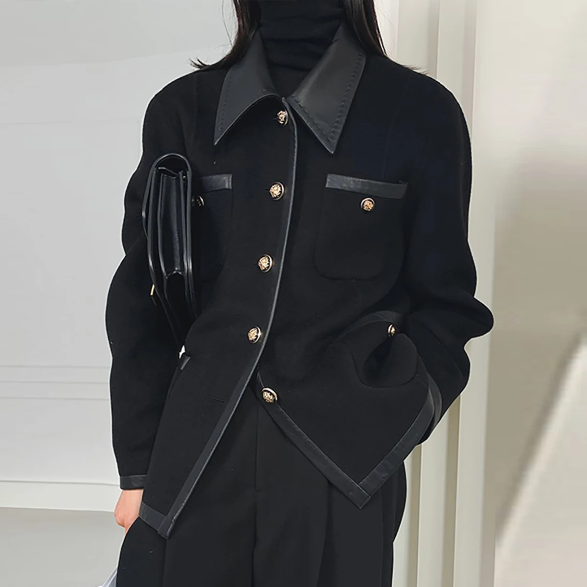 Top Trends: Lemongor Female Korean Fashion Stylish Split-Joint Lapel Jackets 2023 Autumn Winter Buttons Black Causal Outwear For Women Shoppable Styles