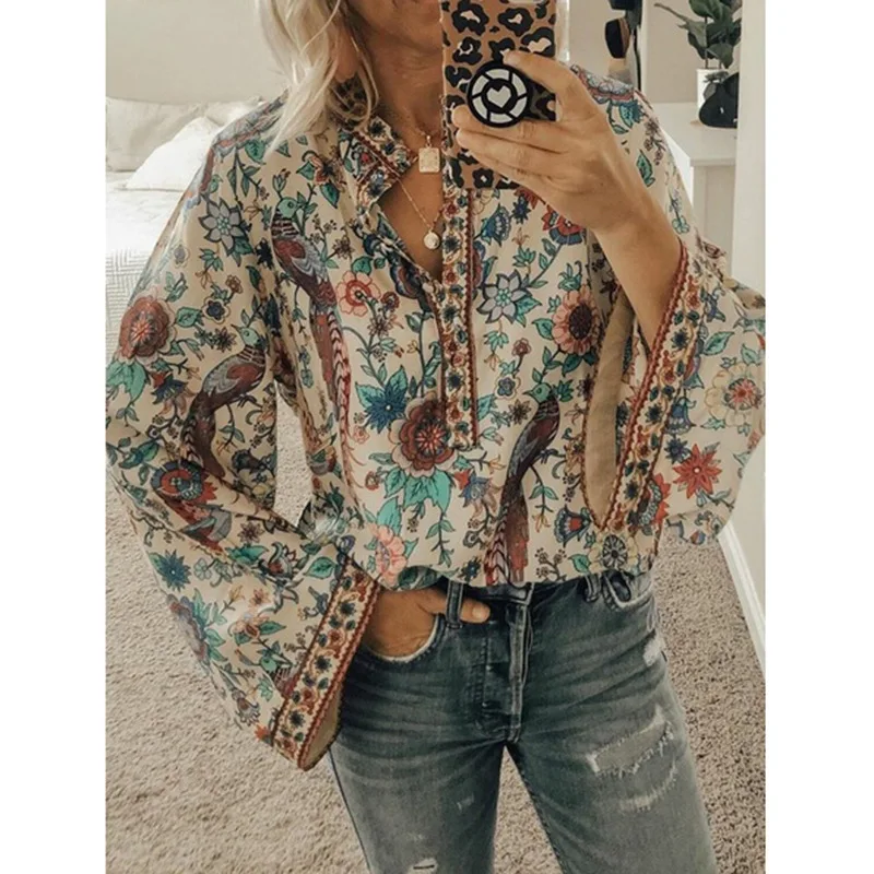 Top Trends: Vintage Blouse Shirt 2023 Summer Fashion Women V Neck Long Flare Sleeve Floral Print Shirts Casual Female Loose Blouse Tops Shoppable Styles