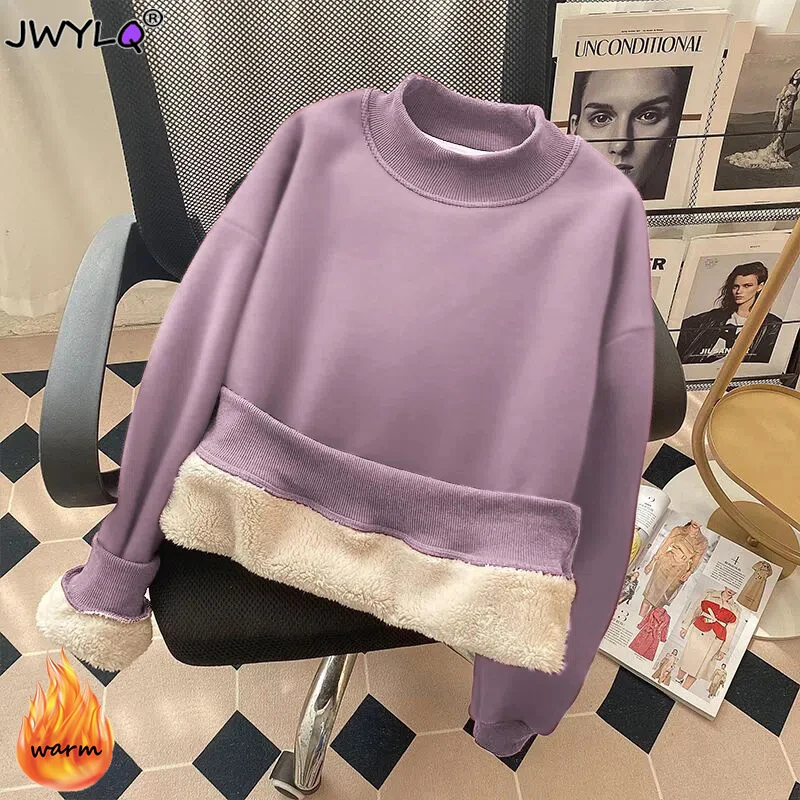 Top Trends: Simple Basic O-neck Long Sleeve Plus Velvet Pullovers Autumn Winter Warm Loose 40kg-100kg Sweatshirts New Solid Color Cotton Top Shoppable Styles