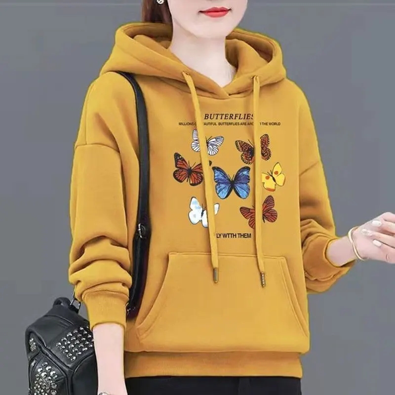 Top Trends: Women's Clothing Butterfly Printed Sweatshirts Casual Hooded Autumn Winter Thick Stylish Drawstring Pockets Korean Pullovers New Shoppable Styles