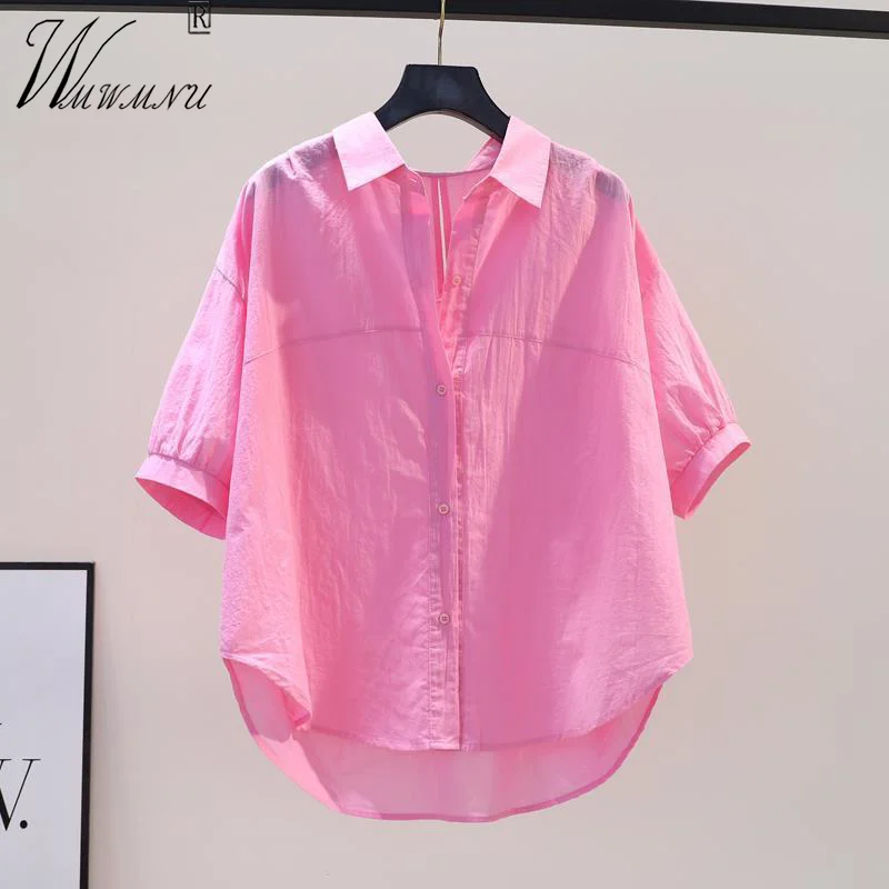 Top Trends: Candy Color Short Sleeve Summer Blouses Women Oversize 3xl Hole Design Thin Cotton Shirts Korean Fashion Loose Casual Blusas Shoppable Styles