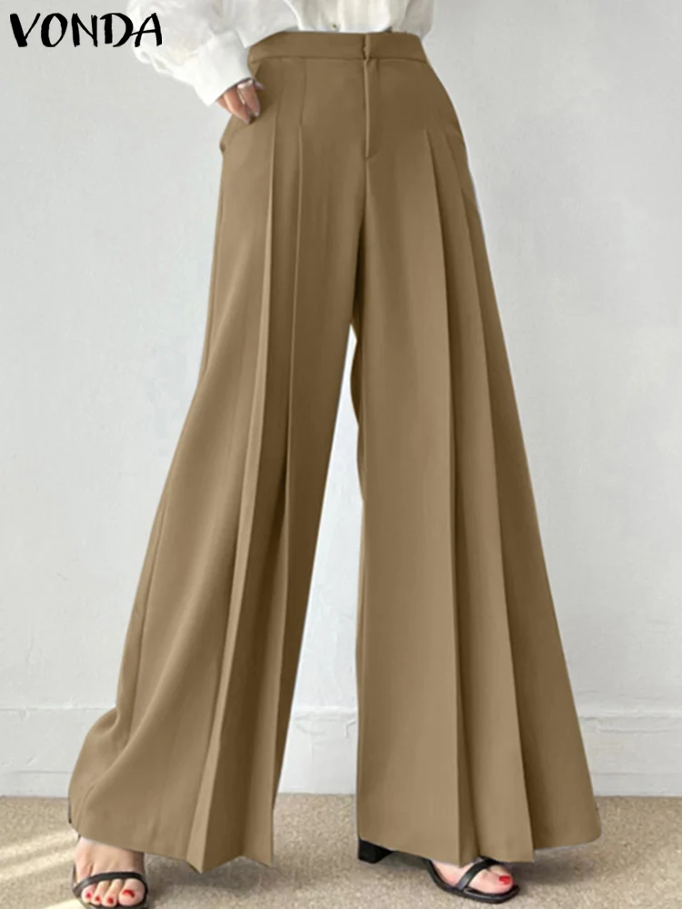 Top Trends: 2023 Fashion Elegant Solid Color Wide Leg Pants Women Office Suit Pants VONDA High Waist Pockets Casual Pleated Long Trousers Shoppable Styles