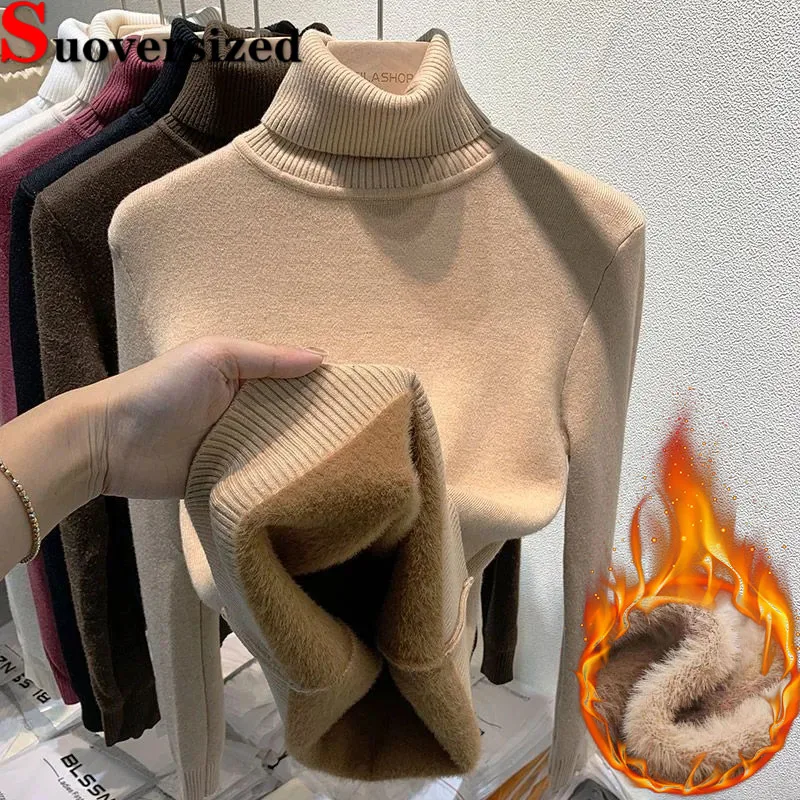 Top Trends: Plush Lined Turtleneck Sweater Winter Warm Slim Pullovers Tops Thicken Soft Women&#039;s Knitwear Sueter Add Velvet Knitted Jerseys Shoppable Styles