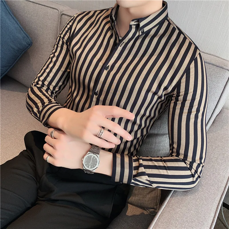 Top Trends: 2023 Masculina Spring Shirts Men Dress Vertical Stripe Streetwear Slim Men Shirt Casual Long Sleeve Chemise Homme Tuxedo Shirt Shoppable Styles