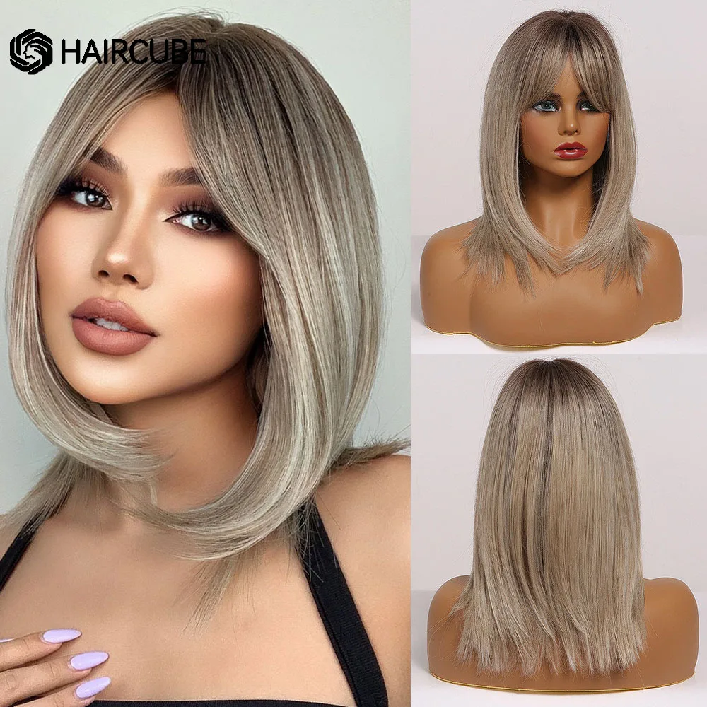 Top Trends: Medium Length Ombre Brown To Blonde Straight Hair Wigs With Bangs Synthetic Wigs For Women Cosplay Heat Resistant Natural Wigs Shoppable Styles