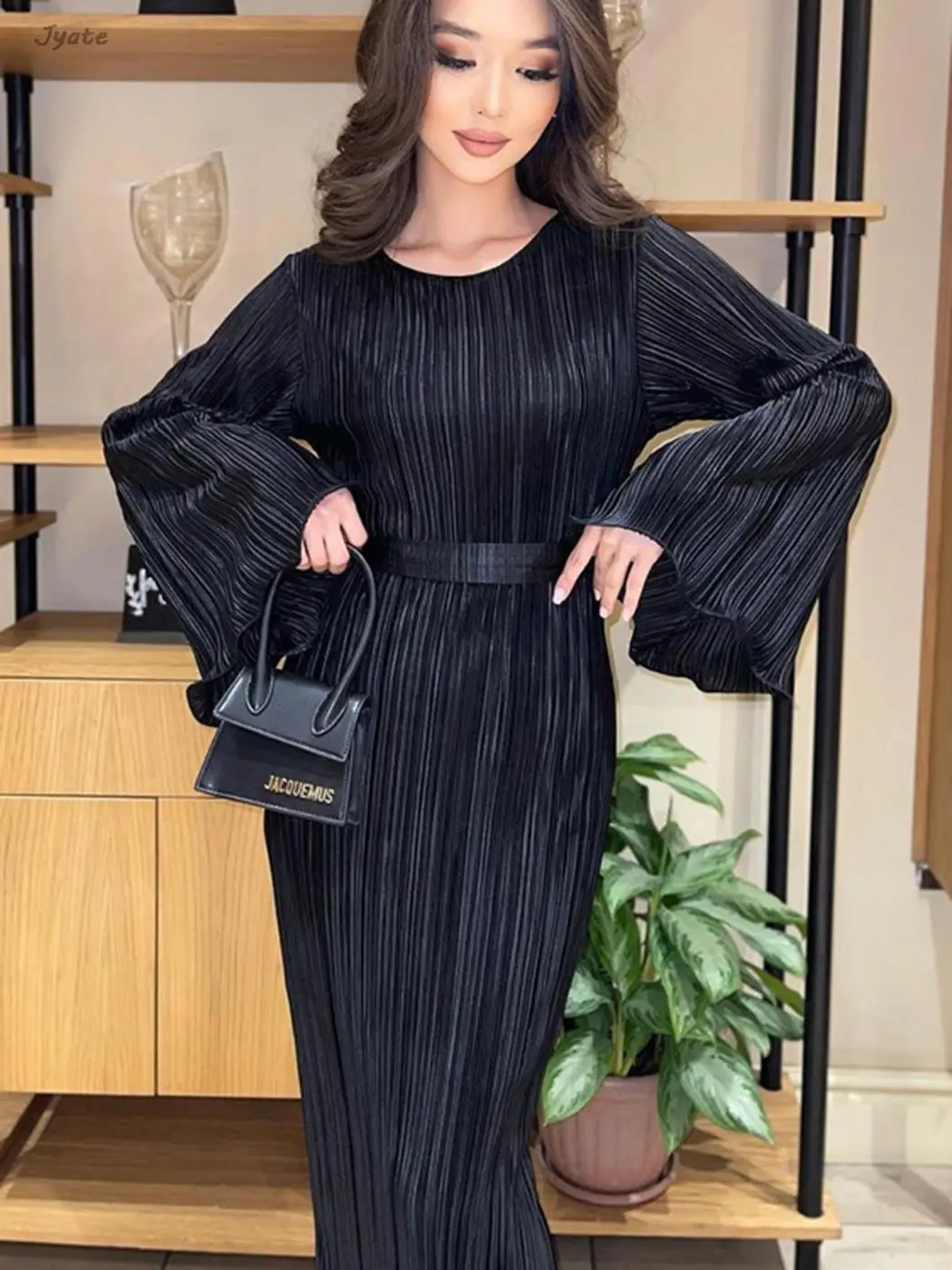 Top Trends: Women's 2023 Autumn New Fashion Pleat Belted Vestidos Elegant Flare Long Sleeve Long Fold Long Dress Party Prom Slim Robe Shoppable Styles