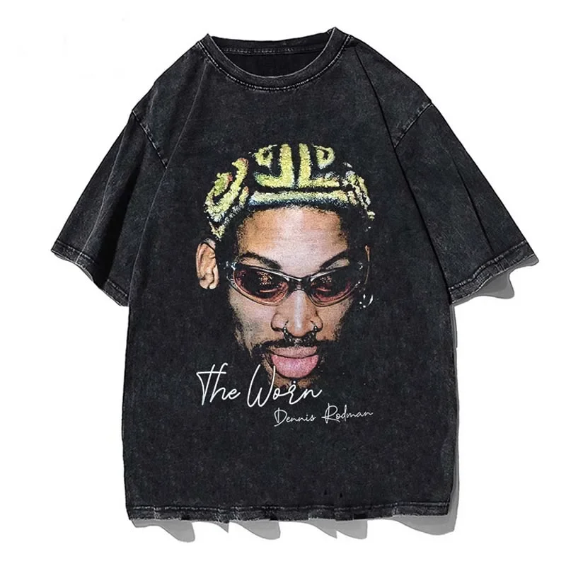 Top Trends: Hip Hop Streetwear Men Dennis Rodman T Shirt Rapper Print T-Shirt Washed Short Sleeve Harajuku Tee Tshirt Portrait Graphic Shoppable Styles