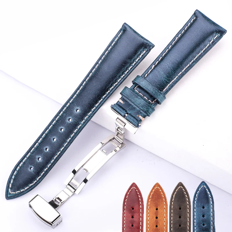 Top Trends: Oil Wax Cowhide Watch Band 18mm 20mm 22mm 24mm Blue Yellow Green Women Men Genuine Leather Strap Belt Butterfly Clasp Watchbands Shoppable Styles